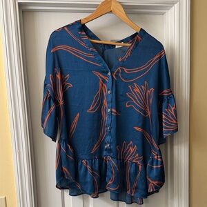 Easel Navy and Rust Floral Button-Up Blouse